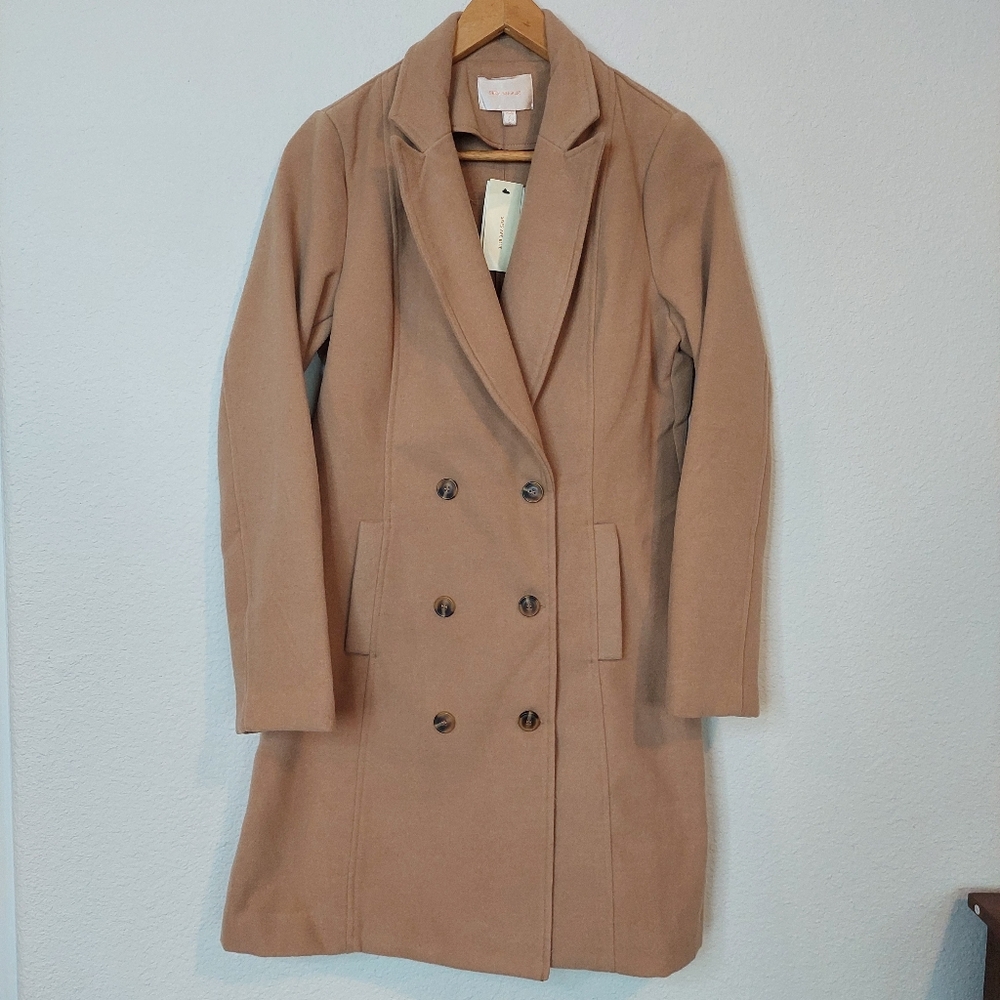 Skies Are Blue Double Breasted Wool Blend Classic Tan Trench Coat Size Small NWT